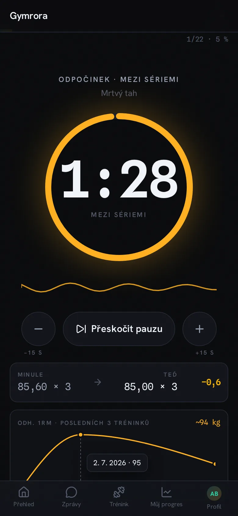 Session player — probíhající trénink se sériemi, odpočinkem a PR