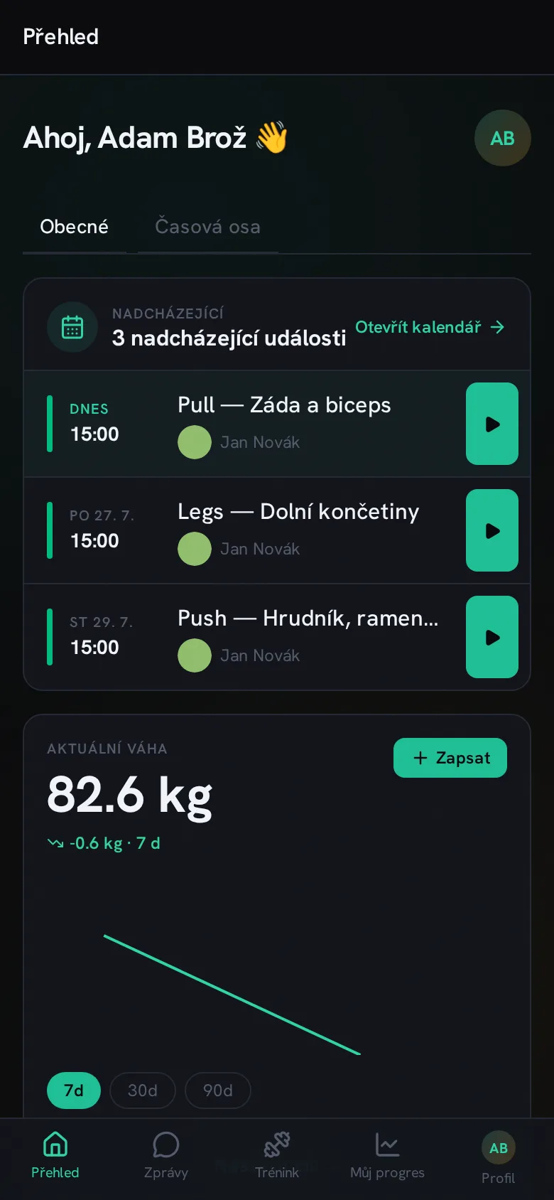 Dnešní trénink v klientské appce